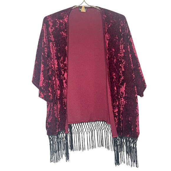 Vintage Y2K Wet Seal Burgundy Crushed Velvet Fringe Open Jacket Boho Chic Party - Picture 3 of 10